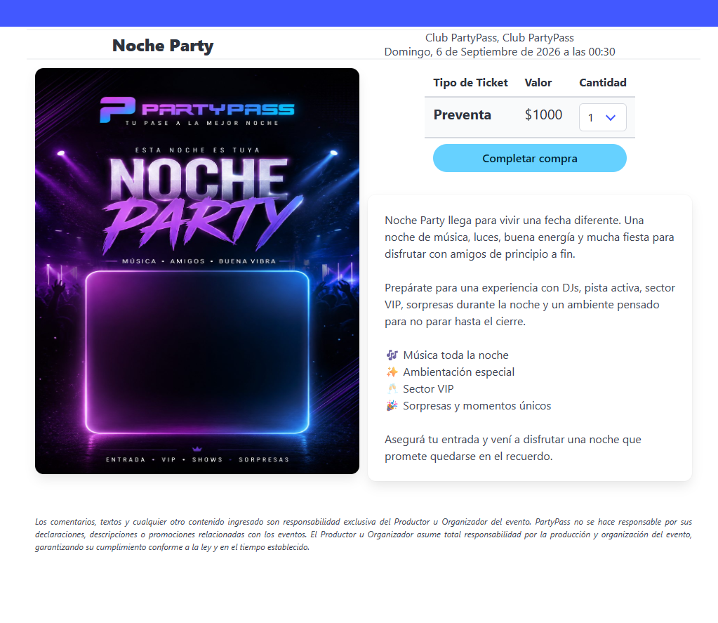 Página pública de venta de entradas de PartyPass para un evento.